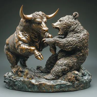 A highly detailed bronze sculpture of a bull and a bear locked in a fierce battle. The bull is in mid-air, leaning forward with its horns aimed downward, symbolizing aggression and strength. The bear is on its back, gripping the bulls head with its powerful claws, mouth open as if roaring in defiance. The sculpture is set on a small, textured base that resembles rugged terrain, colored in dark green and black. The bulls muscular build and the bears fur texture are meticulously crafted, capturing the dynamic movement and raw intensity of their struggle. The overall color palette is dark bronze with hints of green on the base, and the bear has subtle golden accents on its claws and the bull on its horns. The style is realistic with intricate details, showcasing strength and the contrasting energies of bullish and bearish symbolism. --s 750