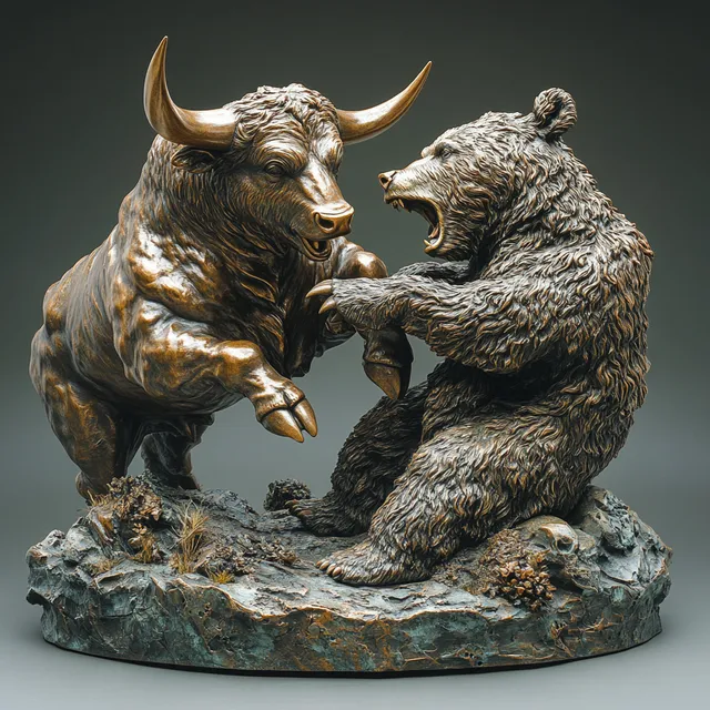 Bronze Sculpture of Bulls and Bears Battling in Nature's Arena