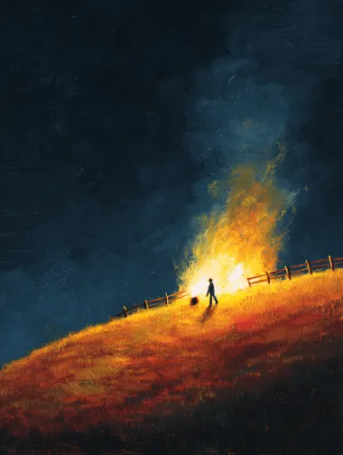 A small fire on the horizon, atop a grassy hill with a wooden fence, in the style of an oil painting by John L. Quein. The sky is dark, and it is nighttime. One person is standing close to the fire, dancing around the flames.
