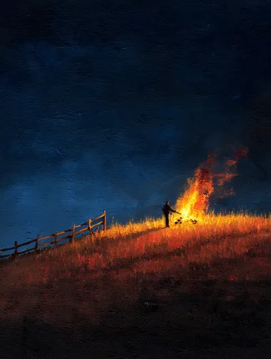 A small fire on the horizon, atop a grassy hill with a wooden fence, in the style of an oil painting by John L. Quein. The sky is dark, and it is nighttime. One person is standing close to the fire, dancing around the flames.