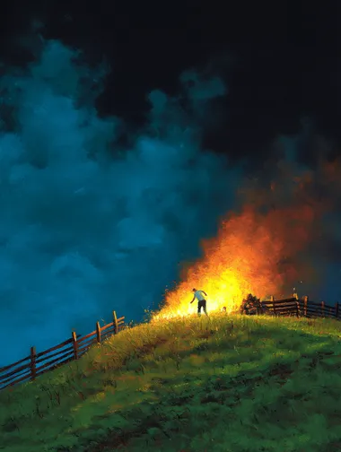 A small fire on the horizon, atop a grassy hill with a wooden fence, in the style of an oil painting by John L. Quein. The sky is dark, and it is nighttime. One person is standing close to the fire, dancing around the flames.