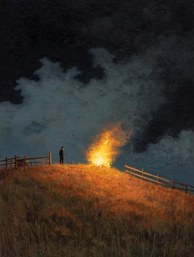A small fire on the horizon, atop a grassy hill with a wooden fence, in the style of an oil painting by John L. Quein. The sky is dark, and it is nighttime. One person is standing close to the fire, dancing around the flames.