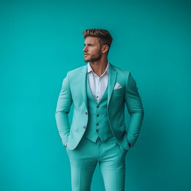 Create a Image of white men Wearing a three Piece Teal colour Suit In Front of a Solid backgrouynd Standing in a Good Posture