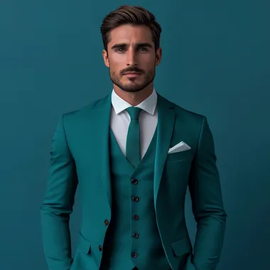 Create a Image of white men Wearing a three Piece Teal colour Suit In Front of a Solid backgrouynd Standing in a Good Posture