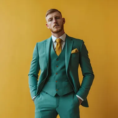 Create a Image of white men Wearing a three Piece Teal colour Suit In Front of a Solid backgrouynd Standing in a Good Posture