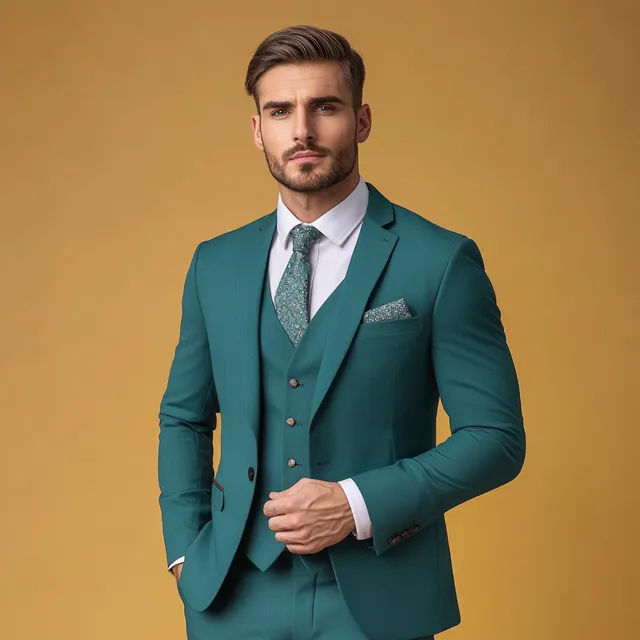 White Man in Teal Three-Piece Suit Standing Confidently Against Black Background