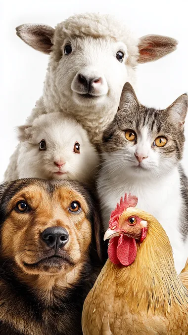 Five cute pets come to the camera, from left to right: sheep, cat, dog, chicken, pony. The animals look at the camera happily, huddle together, face the camera exaggeratedly, and all appear in the picture. Portrait, hyperrealism, high-detail rendering, white background