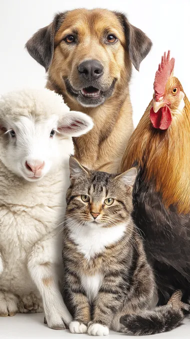 Five cute pets come to the camera, from left to right: sheep, cat, dog, chicken, pony. The animals look at the camera happily, huddle together, face the camera exaggeratedly, and all appear in the picture. Portrait, hyperrealism, high-detail rendering, white background