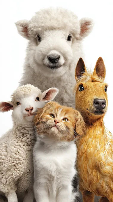 Five cute pets come to the camera, from left to right: sheep, cat, dog, chicken, pony. The animals look at the camera happily, huddle together, face the camera exaggeratedly, and all appear in the picture. Portrait, hyperrealism, high-detail rendering, white background