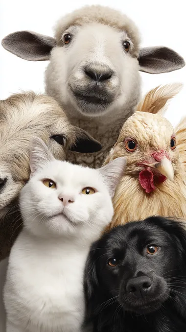 Five cute pets come to the camera, from left to right: sheep, cat, dog, chicken, pony. The animals look at the camera happily, huddle together, face the camera exaggeratedly, and all appear in the picture. Portrait, hyperrealism, high-detail rendering, white background