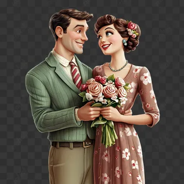 Generate an image of an American couple, with the man giving his partner a necklace and flowers on Women's Day. High resolution, details, three-dimensional characters, white background, complete characters, complete subject of the picture, surrealism
