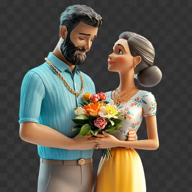 Generate an image of an American couple, with the man giving his partner a necklace and flowers on Women's Day. High resolution, details, three-dimensional characters, white background, complete characters, complete subject of the picture, surrealism