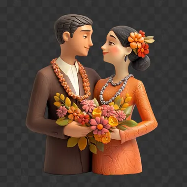 Generate an image of an American couple, with the man giving his partner a necklace and flowers on Women's Day. High resolution, details, three-dimensional characters, white background, complete characters, complete subject of the picture, surrealism