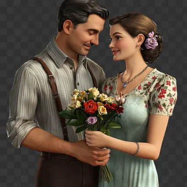 Generate an image of an American couple, with the man giving his partner a necklace and flowers on Women's Day. High resolution, details, three-dimensional characters, white background, complete characters, complete subject of the picture, surrealism