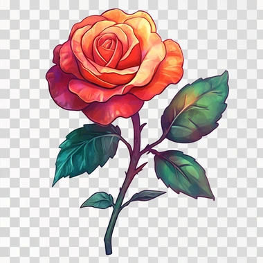 A red rose with green leaves, in the style of a clipart illustration, on a white background, with a watercolor effect, a hyper-realistic style, in the style of a cartoon, high resolution, in the theme of Valentine's Day, vibrant, detailed, with shadows and highlights, realistic, cute, colorful, with soft lighting, a close-up view, with no text or letters, isolated on a blank white background.