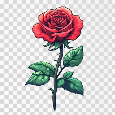 A red rose with green leaves, in the style of a clipart illustration, on a white background, with a watercolor effect, a hyper-realistic style, in the style of a cartoon, high resolution, in the theme of Valentine's Day, vibrant, detailed, with shadows and highlights, realistic, cute, colorful, with soft lighting, a close-up view, with no text or letters, isolated on a blank white background.