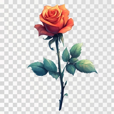 A red rose with green leaves, in the style of a clipart illustration, on a white background, with a watercolor effect, a hyper-realistic style, in the style of a cartoon, high resolution, in the theme of Valentine's Day, vibrant, detailed, with shadows and highlights, realistic, cute, colorful, with soft lighting, a close-up view, with no text or letters, isolated on a blank white background.