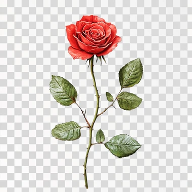 A red rose with green leaves, in the style of a clipart illustration, on a white background, with a watercolor effect, a hyper-realistic style, in the style of a cartoon, high resolution, in the theme of Valentine's Day, vibrant, detailed, with shadows and highlights, realistic, cute, colorful, with soft lighting, a close-up view, with no text or letters, isolated on a blank white background.