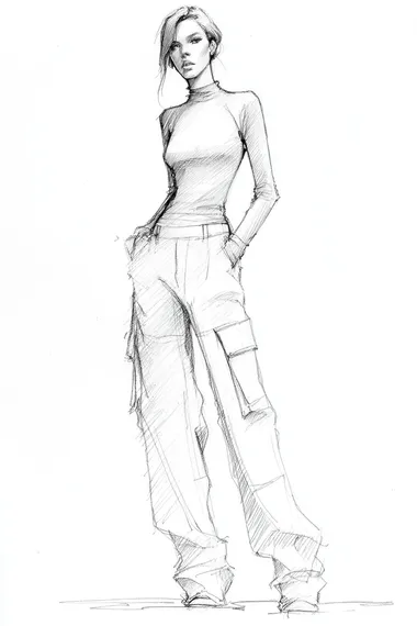 fashion design sketch of a woman wearing a fitted long-sleeve top with soft contour lines that accentuate the natural curves of the shoulders and waist, subtle asymmetry in neckline or sleeve design, paired with high-waisted loose-fit cargo pants without front tucks, combining tailored structure with streetwear details, pose is standing or slightly turned, white background, pencil drawing style with emphasis on silhouette and garment fit   --raw