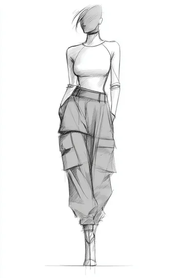 fashion design sketch of a woman wearing a fitted long-sleeve top with soft contour lines that accentuate the natural curves of the shoulders and waist, subtle asymmetry in neckline or sleeve design, paired with high-waisted loose-fit cargo pants without front tucks, combining tailored structure with streetwear details, pose is standing or slightly turned, white background, pencil drawing style with emphasis on silhouette and garment fit   --raw