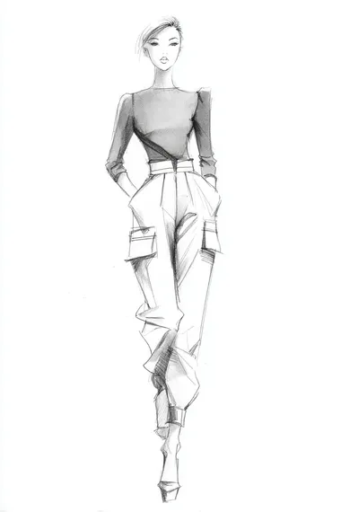 fashion design sketch of a woman wearing a fitted long-sleeve top with soft contour lines that accentuate the natural curves of the shoulders and waist, subtle asymmetry in neckline or sleeve design, paired with high-waisted loose-fit cargo pants without front tucks, combining tailored structure with streetwear details, pose is standing or slightly turned, white background, pencil drawing style with emphasis on silhouette and garment fit   --raw