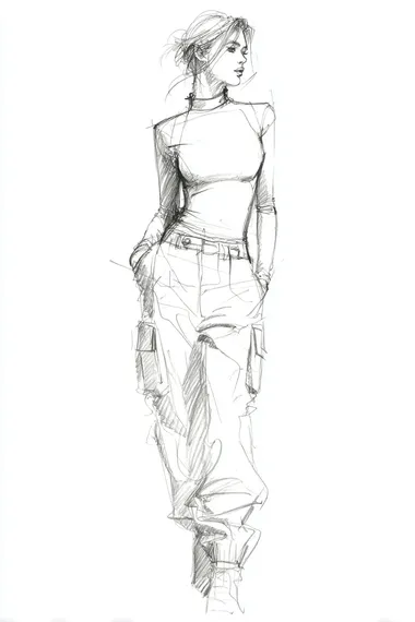 fashion design sketch of a woman wearing a fitted long-sleeve top with soft contour lines that accentuate the natural curves of the shoulders and waist, subtle asymmetry in neckline or sleeve design, paired with high-waisted loose-fit cargo pants without front tucks, combining tailored structure with streetwear details, pose is standing or slightly turned, white background, pencil drawing style with emphasis on silhouette and garment fit   --raw