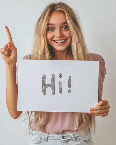 The 25-year-old blonde girl widened her eyes in surprise and looked down happily at the large whiteboard in her hand. the whiteboard was on the floor. One of her arms pointed to the whiteboard which is written 'Hi'. Her other hand was supported on the top of a large whiteboard. white backdrop, style raw