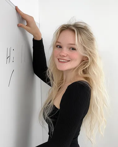 The 25-year-old blonde girl widened her eyes in surprise and looked down happily at the large whiteboard in her hand. the whiteboard was on the floor. One of her arms pointed to the whiteboard which is written 'Hi'. Her other hand was supported on the top of a large whiteboard. white backdrop, style raw