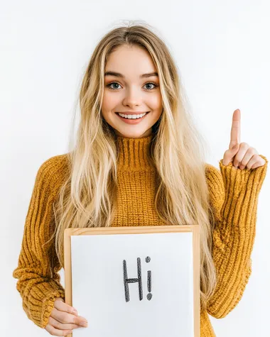 The 25-year-old blonde girl widened her eyes in surprise and looked down happily at the large whiteboard in her hand. the whiteboard was on the floor. One of her arms pointed to the whiteboard which is written 'Hi'. Her other hand was supported on the top of a large whiteboard. white backdrop, style raw