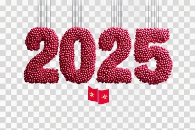 3D, formed the number "2025" using red balls, Hong Kong flag on a white background, simple shapes, flat design, minimalist style. Cute and clean large font with a sense of spacious composition. The numbers hang in front, and below them is an illustration of the Hong Kong flag suspended from strings, in a red color scheme on a white background, in 8K resolution.  --s 250