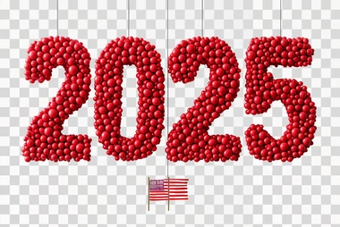 3D, formed the number "2025" using red balls, Hong Kong flag on a white background, simple shapes, flat design, minimalist style. Cute and clean large font with a sense of spacious composition. The numbers hang in front, and below them is an illustration of the Hong Kong flag suspended from strings, in a red color scheme on a white background, in 8K resolution.  --s 250