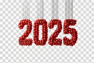 3D, formed the number "2025" using red balls, Hong Kong flag on a white background, simple shapes, flat design, minimalist style. Cute and clean large font with a sense of spacious composition. The numbers hang in front, and below them is an illustration of the Hong Kong flag suspended from strings, in a red color scheme on a white background, in 8K resolution.  --s 250