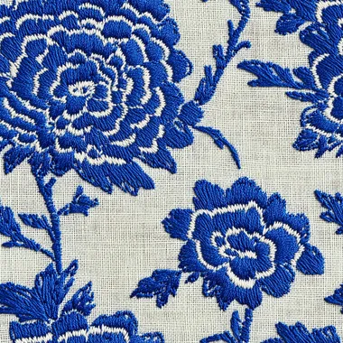 Indigo blue embroidered chrysanthemum flowers on white linen fabric, seamless pattern 1080P,8K,good aerial control,high detail