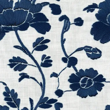 Indigo blue embroidered chrysanthemum flowers on white linen fabric, seamless pattern 1080P,8K,good aerial control,high detail