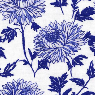 Indigo blue embroidered chrysanthemum flowers on white linen fabric, seamless pattern 1080P,8K,good aerial control,high detail