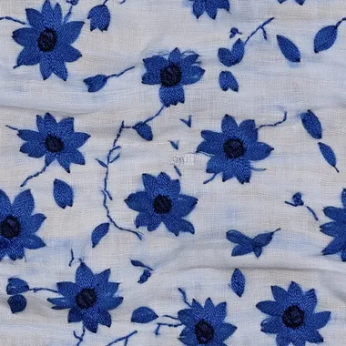 Indigo blue embroidered chrysanthemum flowers on white linen fabric, seamless pattern 1080P,8K,good aerial control,high detail
