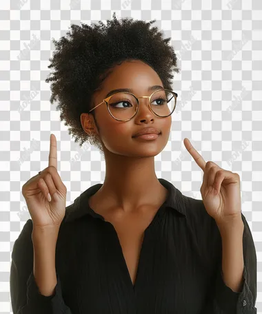 woman pointing to both sides with her handsultrarealistic, white background