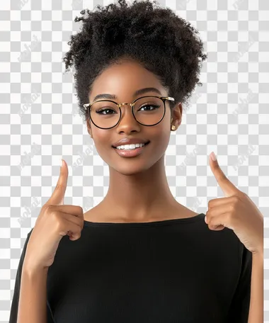 woman pointing to both sides with her handsultrarealistic, white background