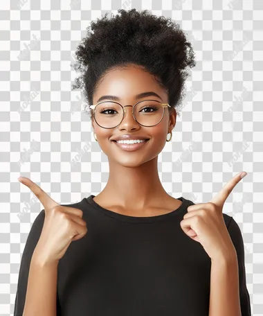 woman pointing to both sides with her handsultrarealistic, white background