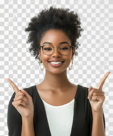 woman pointing to both sides with her handsultrarealistic, white background