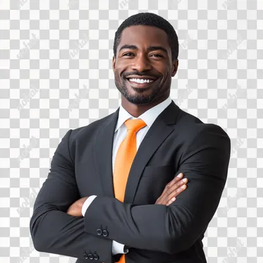 SMILING BLACK MAN WITH ARMS CROSSED IN A SUIT AND ORANGE TIE ON WHITE BACKGROUND
