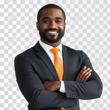 SMILING BLACK MAN WITH ARMS CROSSED IN A SUIT AND ORANGE TIE ON WHITE BACKGROUND