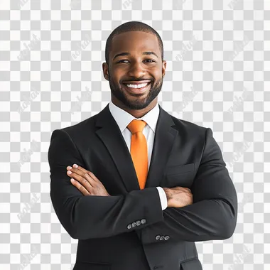 SMILING BLACK MAN WITH ARMS CROSSED IN A SUIT AND ORANGE TIE ON WHITE BACKGROUND