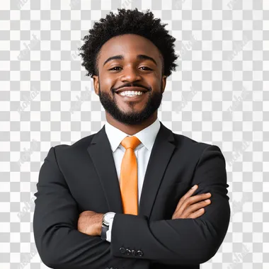 SMILING BLACK MAN WITH ARMS CROSSED IN A SUIT AND ORANGE TIE ON WHITE BACKGROUND
