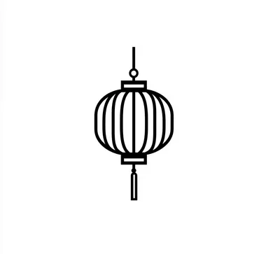 Logo design featuring a Chinese-style lantern with simple lines, vector graphics, black-and-white line drawing, no background, symmetrical composition, flat illustration, minimalist style, graphic logo, clear details, high resolution, no shadows, professional quality.