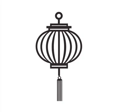 Logo design featuring a Chinese-style lantern with simple lines, vector graphics, black-and-white line drawing, no background, symmetrical composition, flat illustration, minimalist style, graphic logo, clear details, high resolution, no shadows, professional quality.