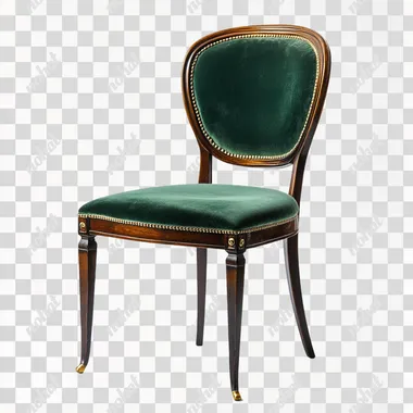 4 vintage chairs with green velvet seats, dark wood frames and backrests, brass nail details, isolated on a white background, front view.