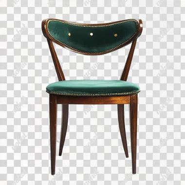 4 vintage chairs with green velvet seats, dark wood frames and backrests, brass nail details, isolated on a white background, front view.