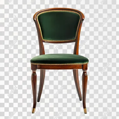 4 vintage chairs with green velvet seats, dark wood frames and backrests, brass nail details, isolated on a white background, front view.