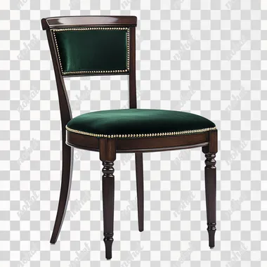 4 vintage chairs with green velvet seats, dark wood frames and backrests, brass nail details, isolated on a white background, front view.